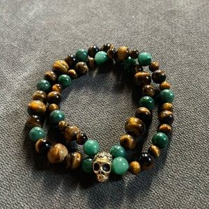 Golden & Green Tiger Eye Colors of Autumn Stretch Bracelet with Skull Charm